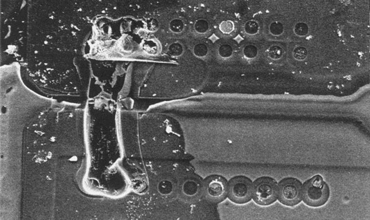 ESD failure signature showing poly-extrusion damage of an I/O pin protection circuitry NMOS transistor. Poly-extrusion damage resulted in shorting of the gate to drain.